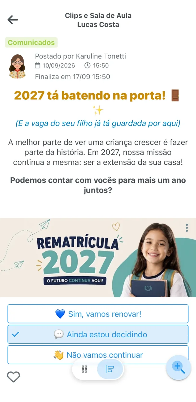Comunicado de rematrícula na Agenda Digital da ClipEscola com enquete de confirmação para as famílias