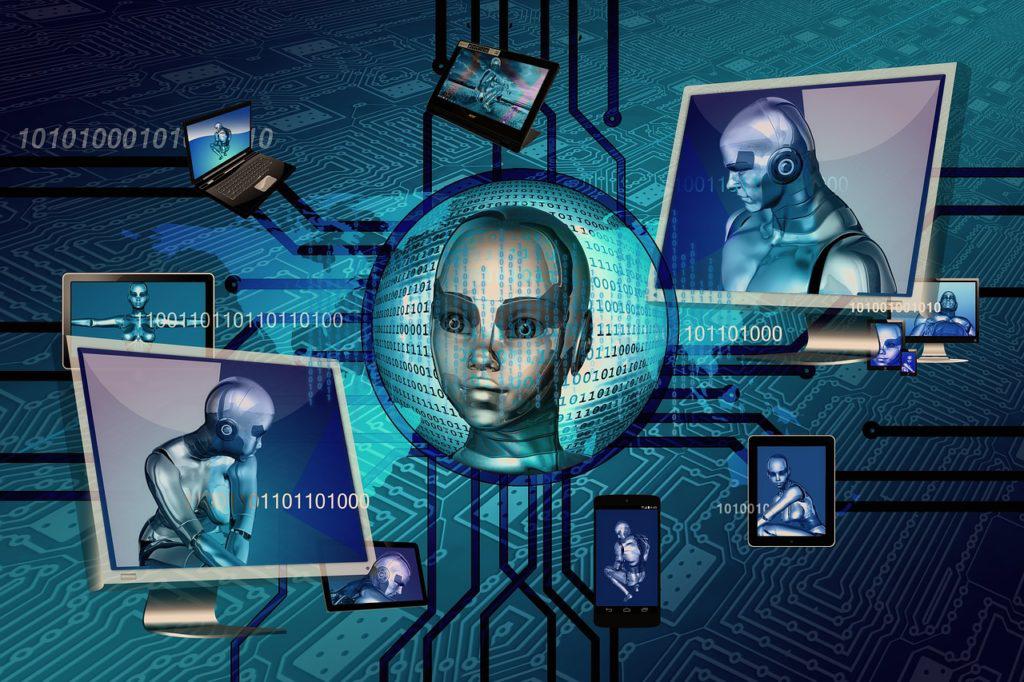 Robôs em várias telas de computadores, passando a ideia de inteligência artificial