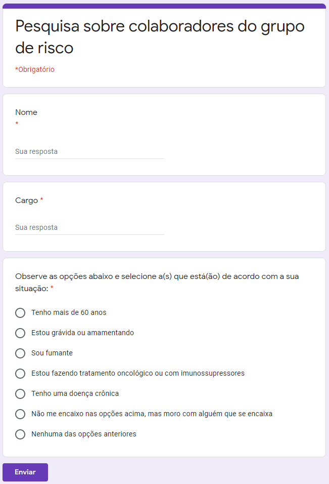 Pesquisa sobre colaboradores do grupo de risco