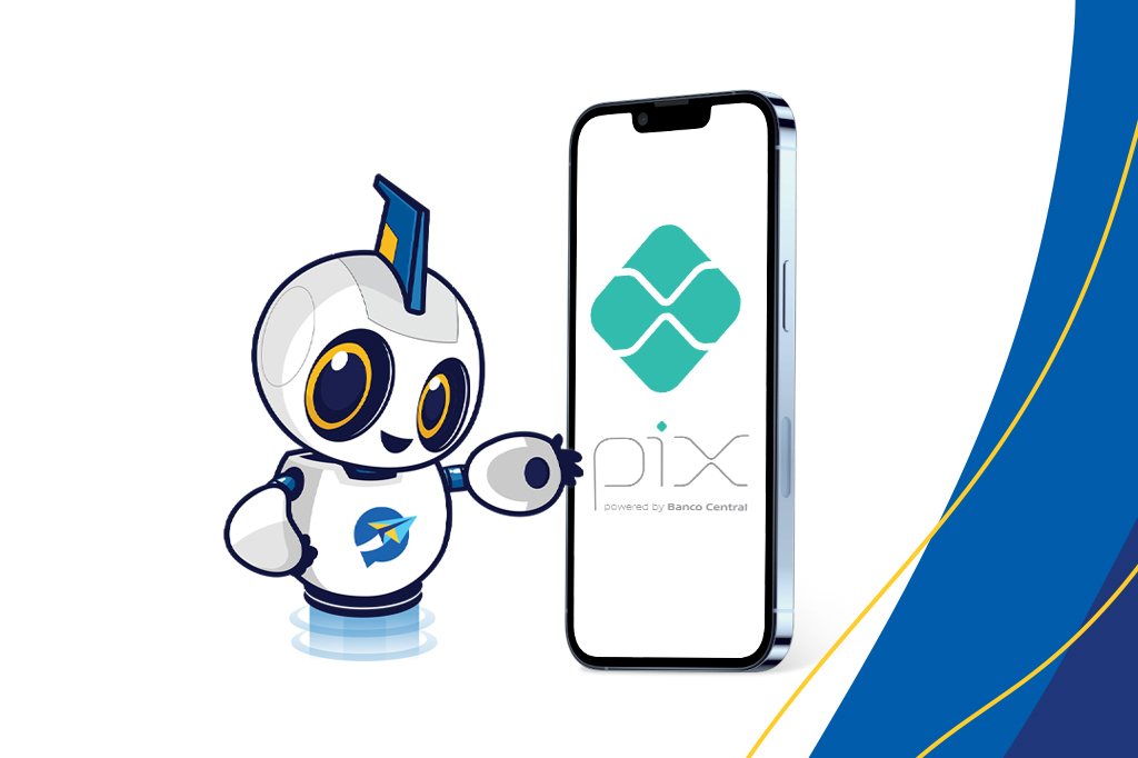 Imagem do Clipito (mascote da ClipEscola) apontando para um celular em que há um logo e a palavra pix